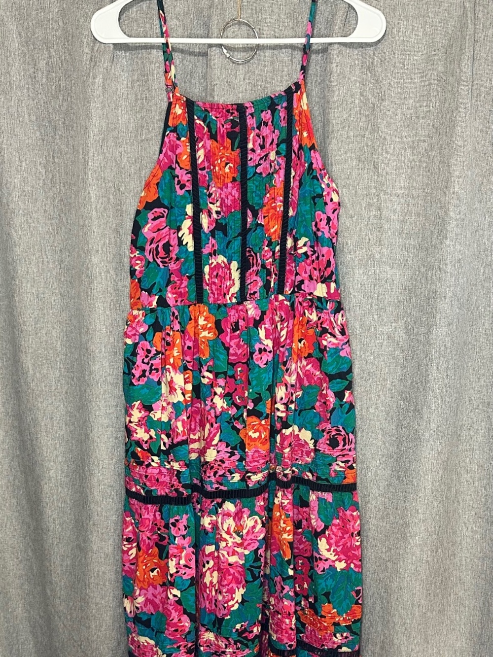 CHELSEA & VIOLET Margaux Pink & Green Floral Crochet Tiered Plissé Maxi Dress-S
